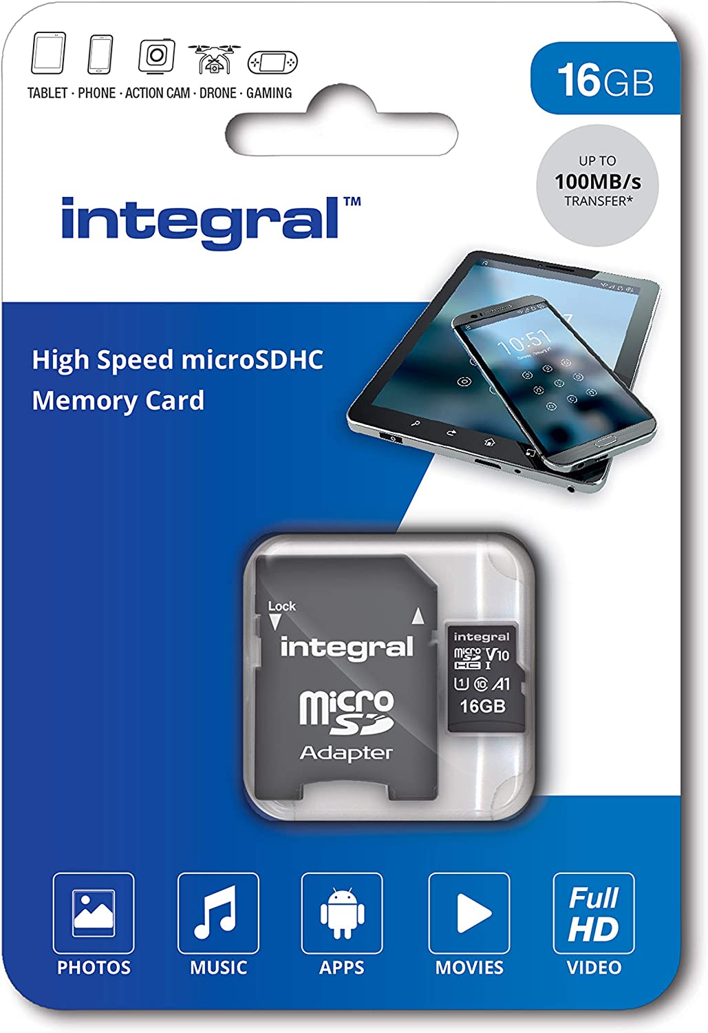 Integral High Speed microSDHC and microSDXC cards are a perfect fit for  your smartphone and tablet. Enjoy more space for photos, videos, music and  apps. 100MB/s* transfer speeds allow fast data transfer
