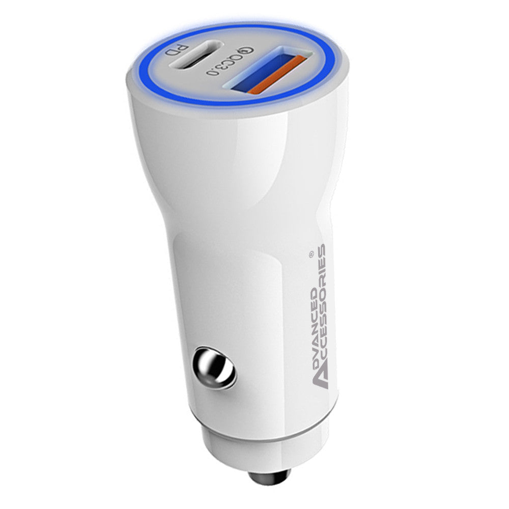 Cargador de coche AA Charge-iT Premium de 20 W y 3 A PD QC con doble USB/USB-C | Blanco