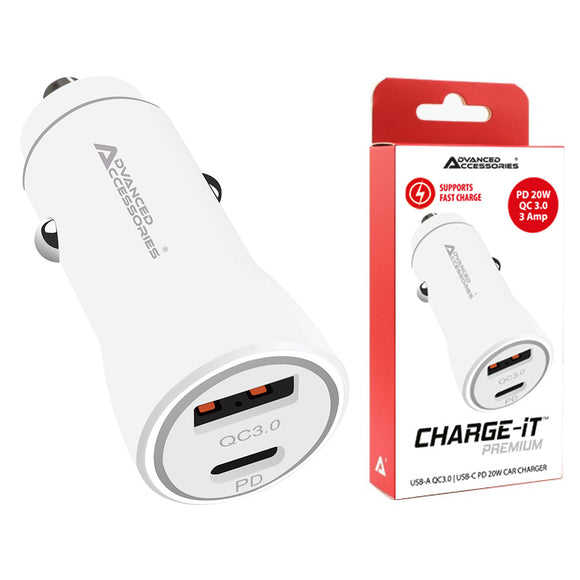 AA Charge-iT Premium 20W 3A PD QC Dual USB/USB-C Car Charger  | White