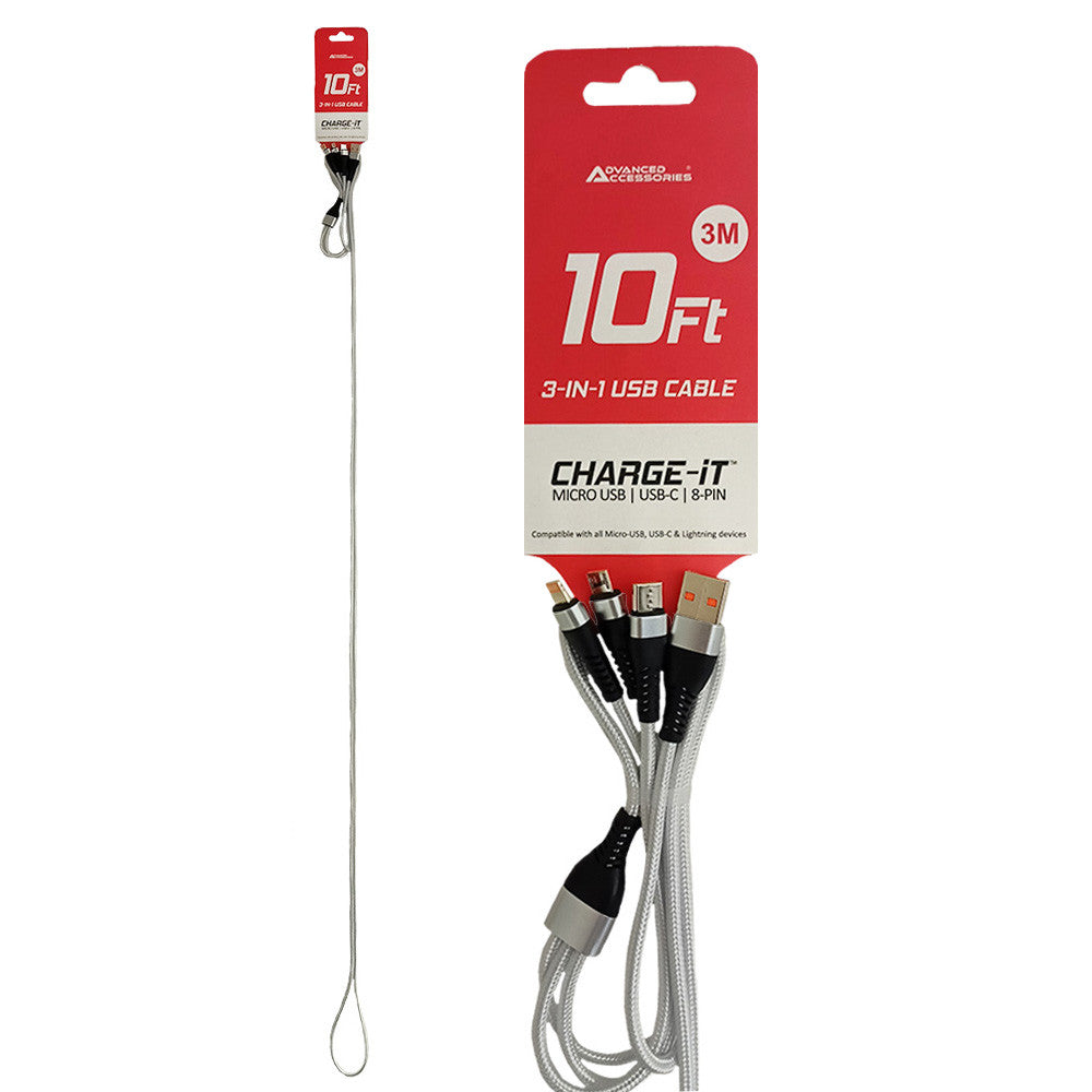 AA CHARGE-iT Premium 3in1 USB Cable - 8 Pin/USB-C/MicroUSB 3m | Silver
