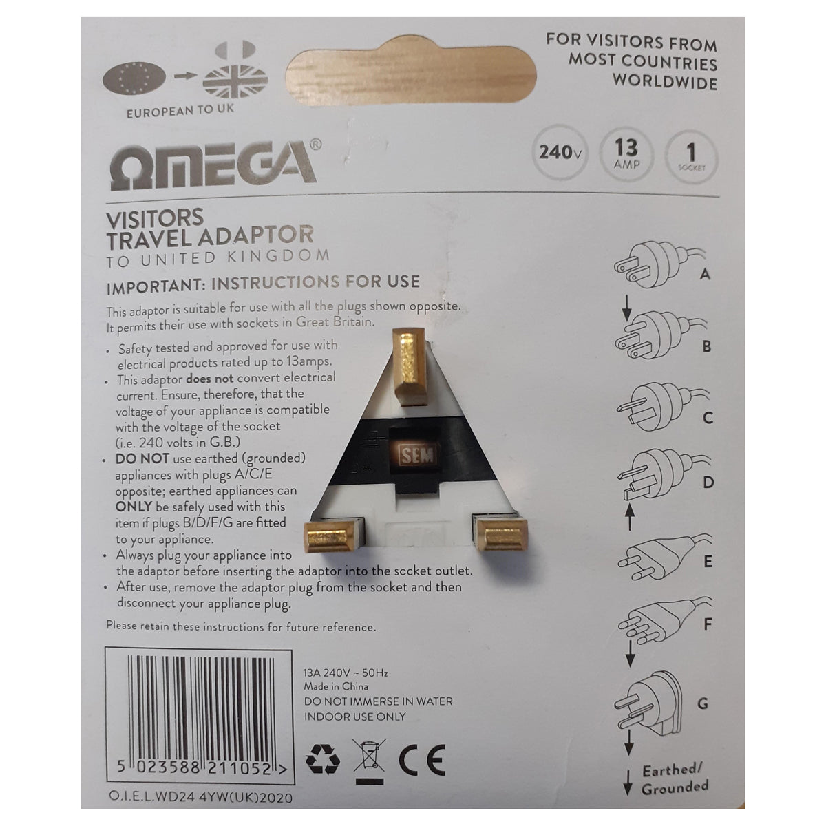 Omega 21105 Visitor to UK Travel Adaptor