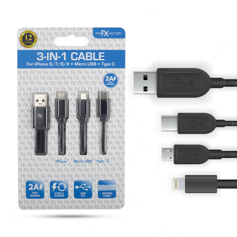 FX 3 In 1 Braided USB Data Cable