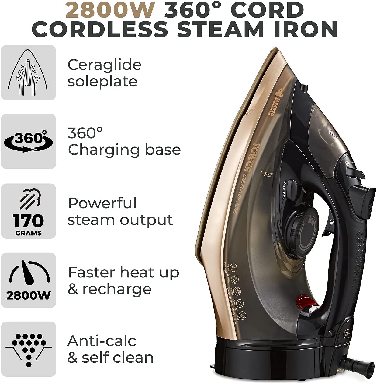 Tower CeraGlide Cord Cordless Steam Iron | Black and Gold
