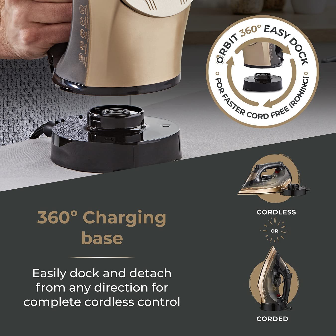 Tower CeraGlide Cord Cordless Steam Iron | Black and Gold