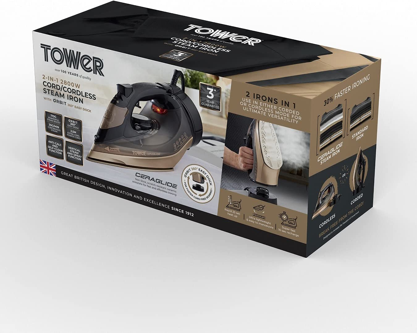Tower CeraGlide Cord Cordless Steam Iron | Black and Gold