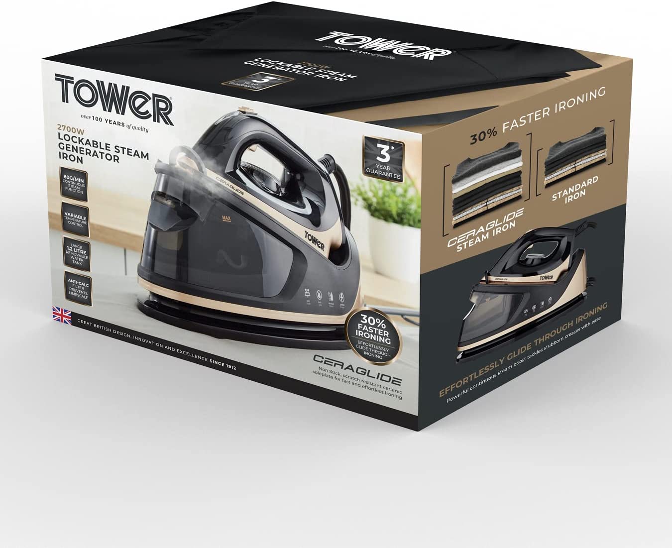 Plancha de vapor Tower Ceraglide 2700 W, 1,2 L | Dorado champán y negro