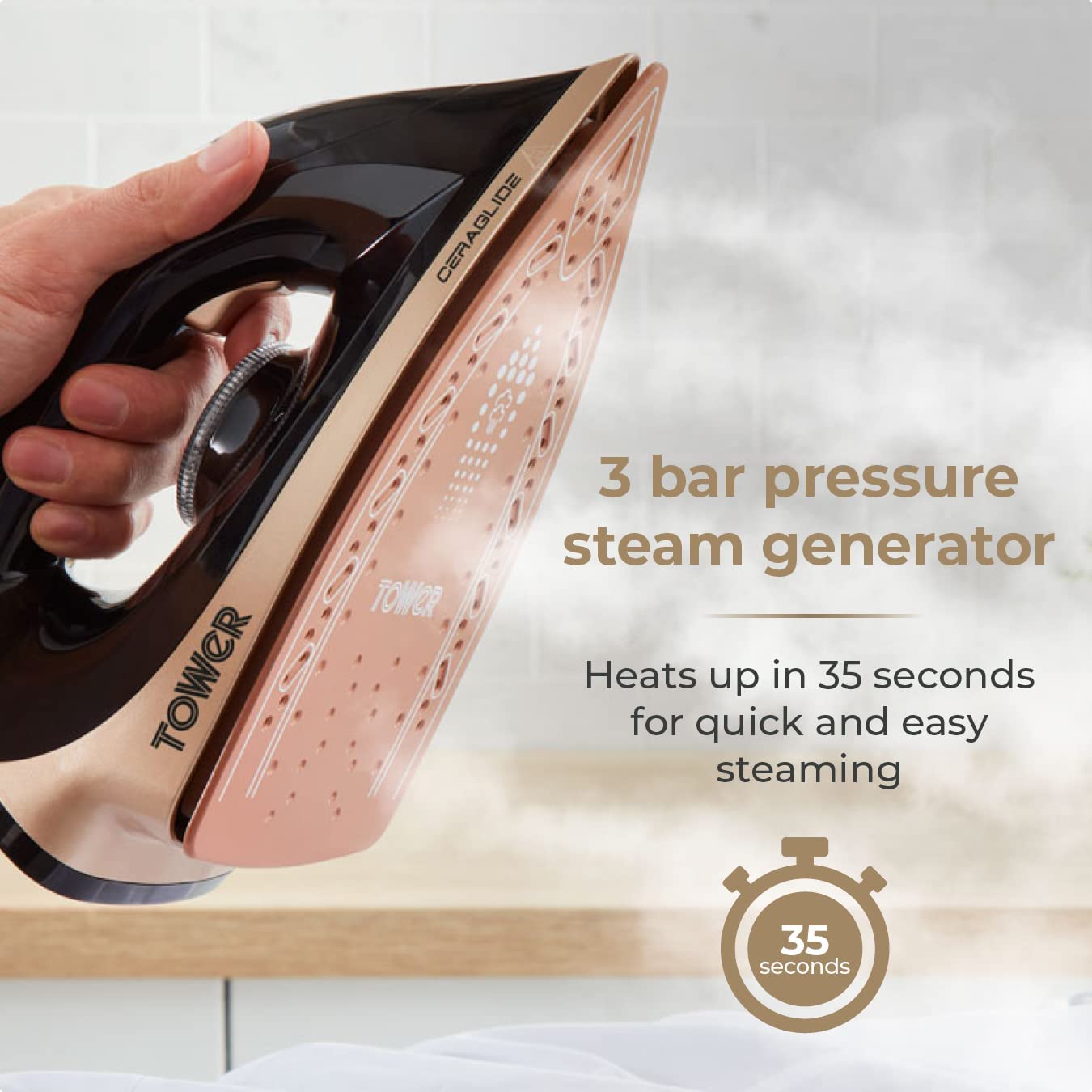 Plancha de vapor Tower Ceraglide 2700 W, 1,2 L | Dorado champán y negro