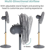 Tower Scandi Metal Pedestal Fan with 3 Speeds | Grey With Wood Effect