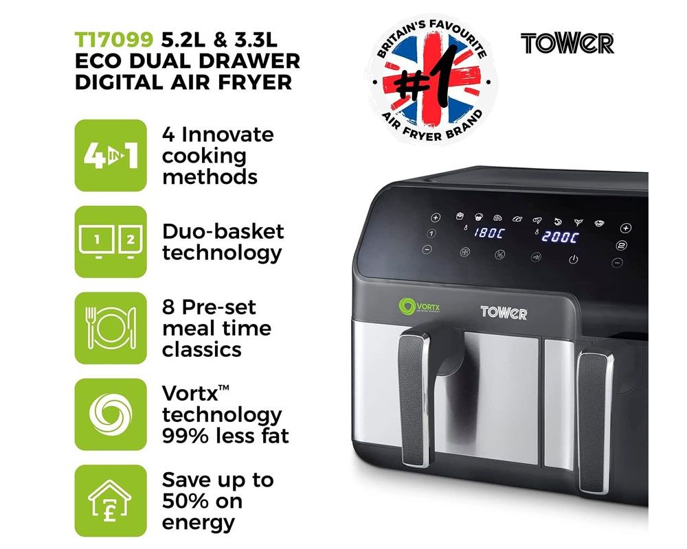 Tower Vortx Eco Duo Basket Air Fryer | 5.2L + 3.3L